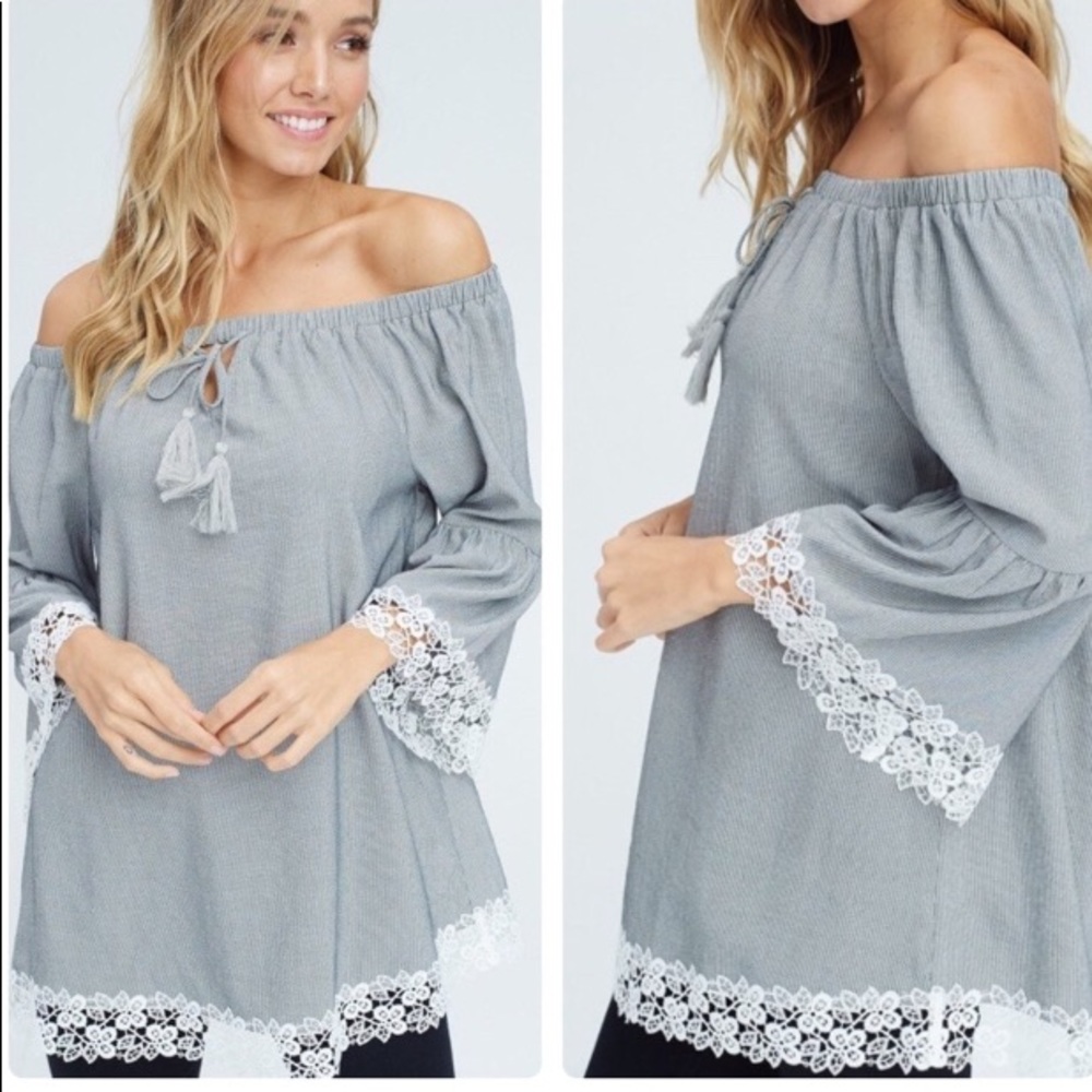 NWT Striped Off the Shoulder Top w/Lace - Picture 4 of 8